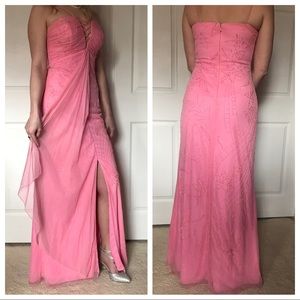 Pink low cut front beaded prom dress